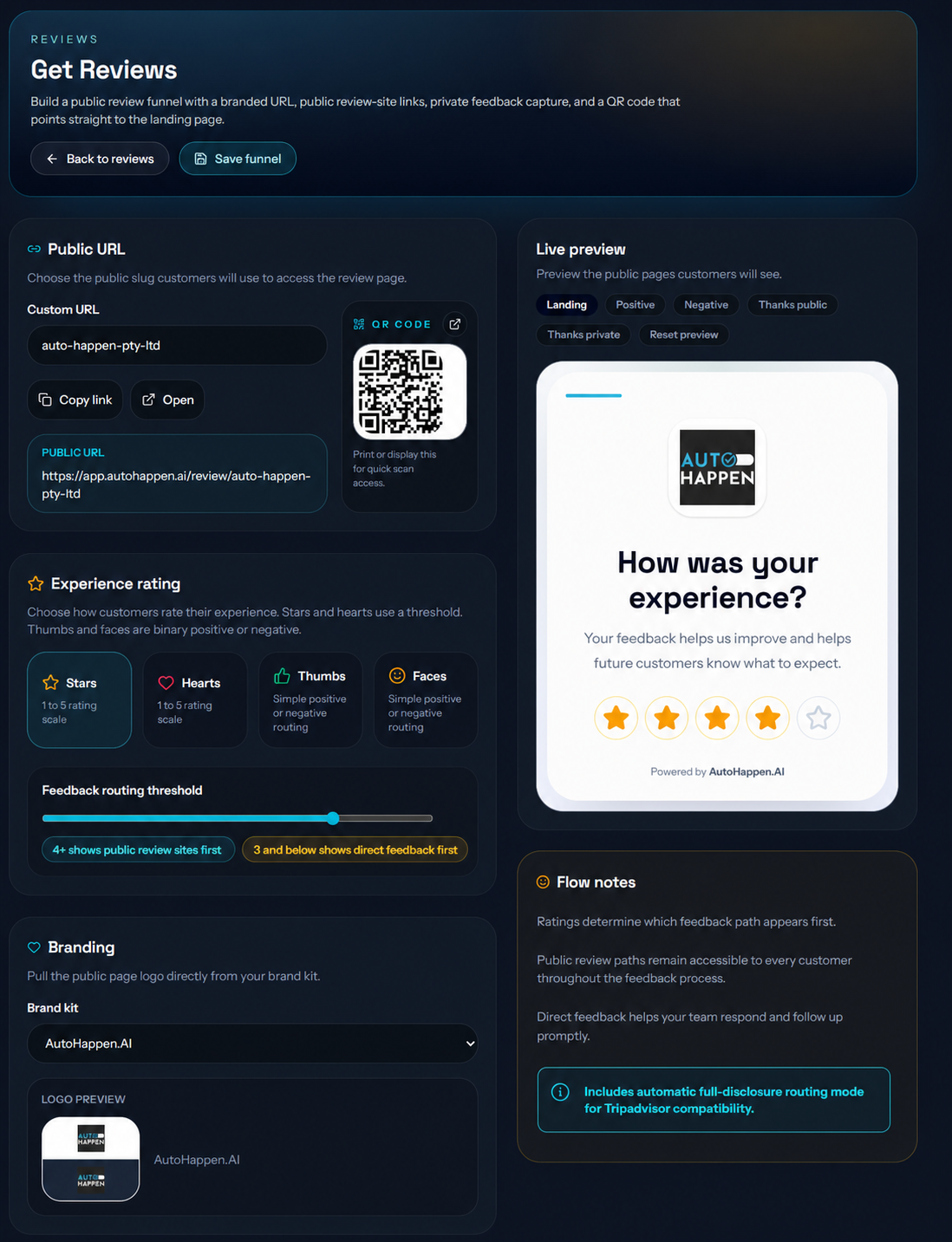 Andy's feedback and review flow setup with a public URL, QR code, ordering controls, and a live customer preview