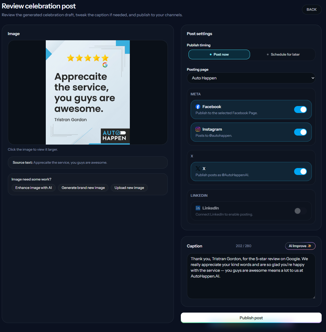 Review celebration post editor with a generated image, social channel settings, and caption