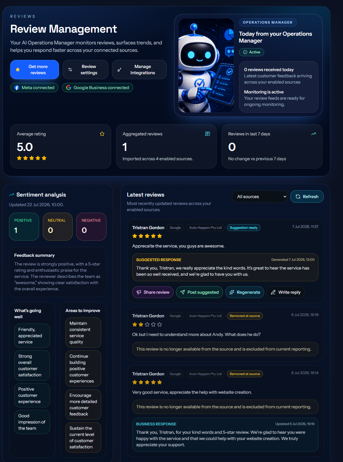 Andy's review management dashboard with sentiment analysis, recent reviews, and suggested responses