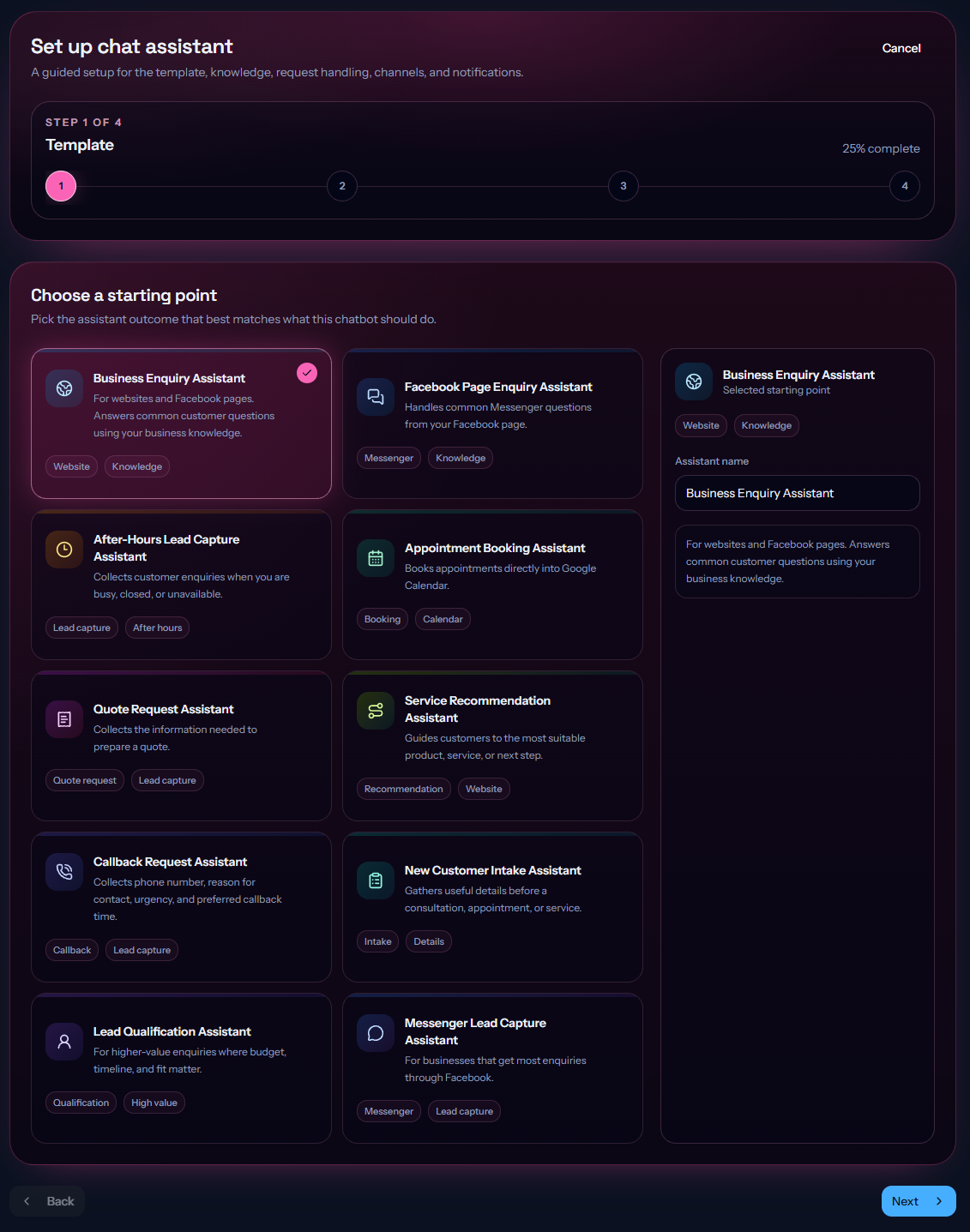 Chat assistant setup with templates for enquiries, lead capture, bookings, quotes, callbacks, and recommendations