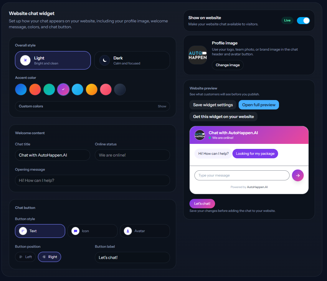 Website chat widget settings with branding controls, welcome content, button options, and a live preview