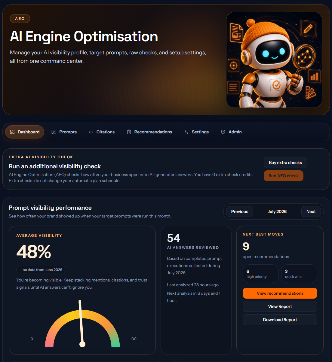 Noah's AI Engine Optimisation dashboard with visibility performance and recommended next actions