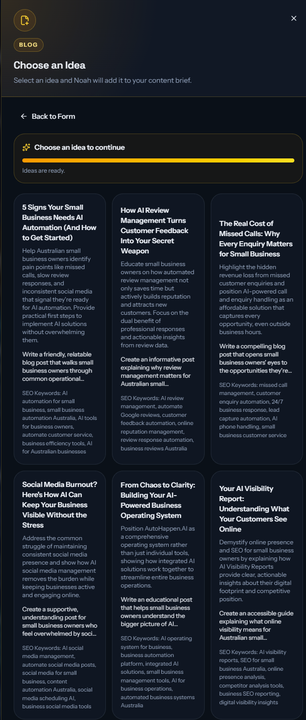 Noah's blog idea chooser with suggested article topics, summaries, and SEO keywords