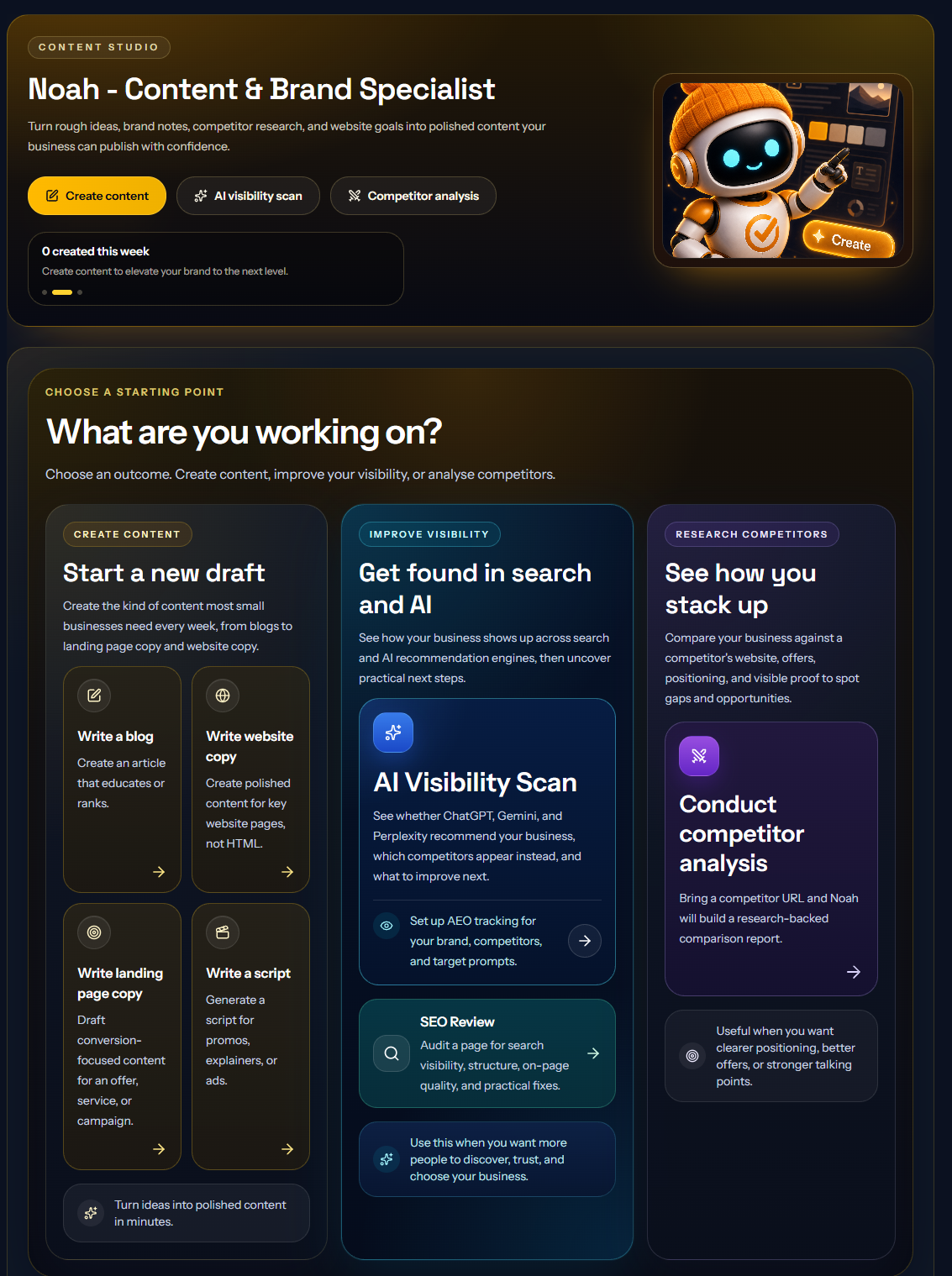 Noah's Content Studio with options to create content, improve AI visibility, and analyse competitors