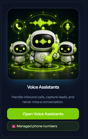 Voice Assistants card with links to open assistants and manage phone numbers