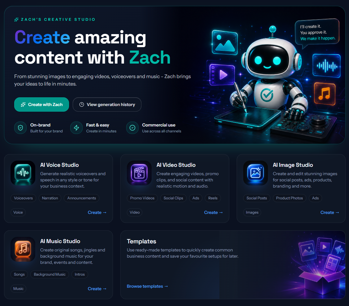 Zach's creative studio with image, video, voice, music, and template creation options