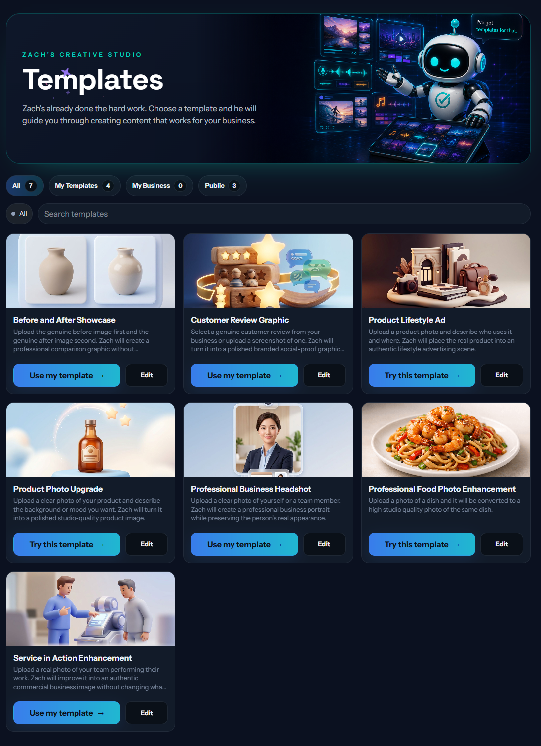 Zach's template gallery with business content templates for products, reviews, headshots, food, and services