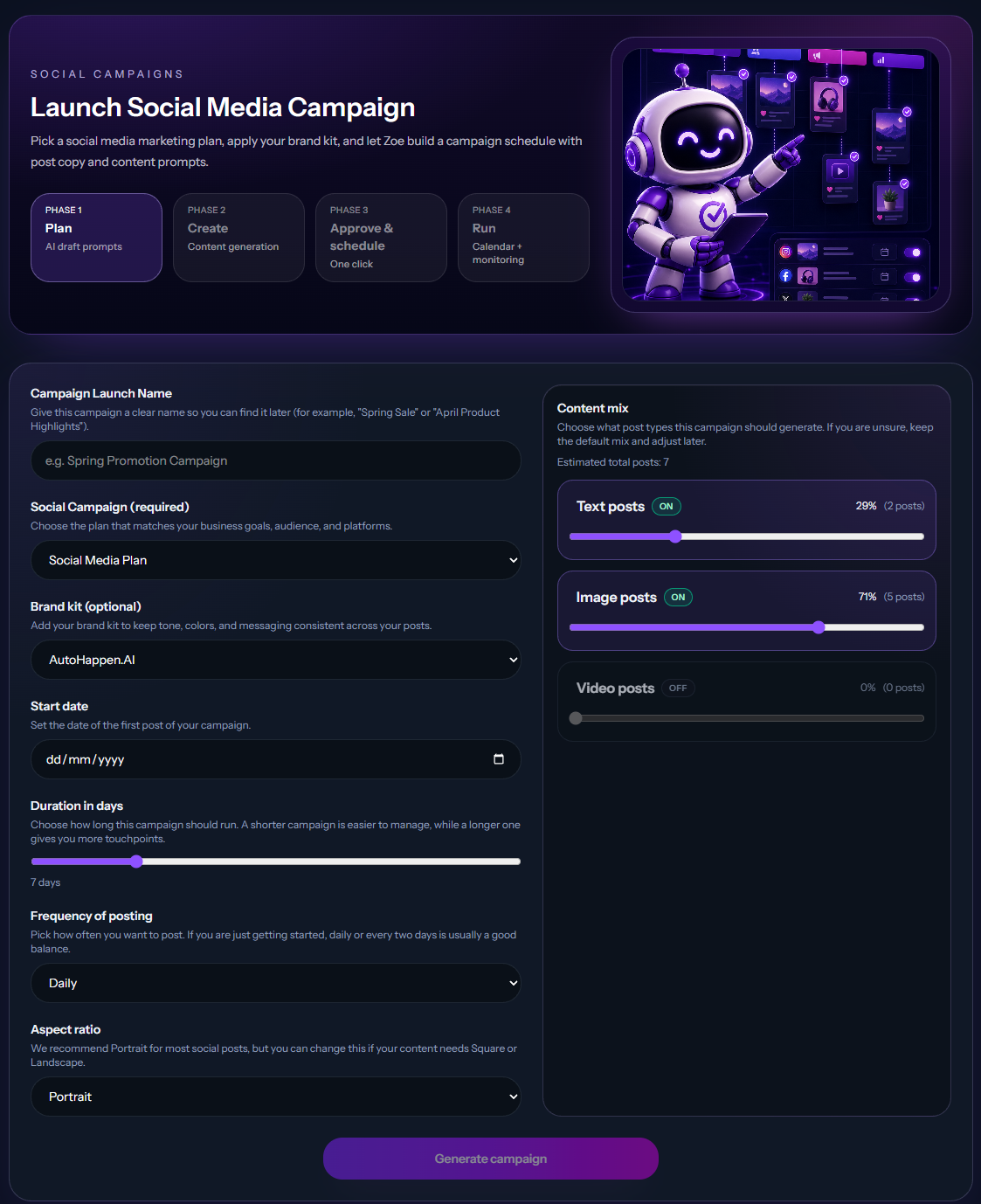 Zoe's social campaign setup screen with campaign and content mix options