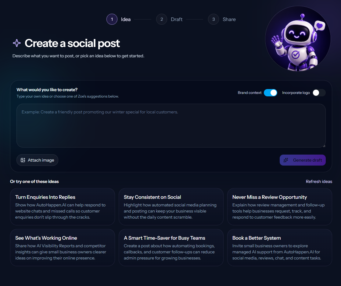 Zoe's social post creation screen with idea suggestions and brand controls