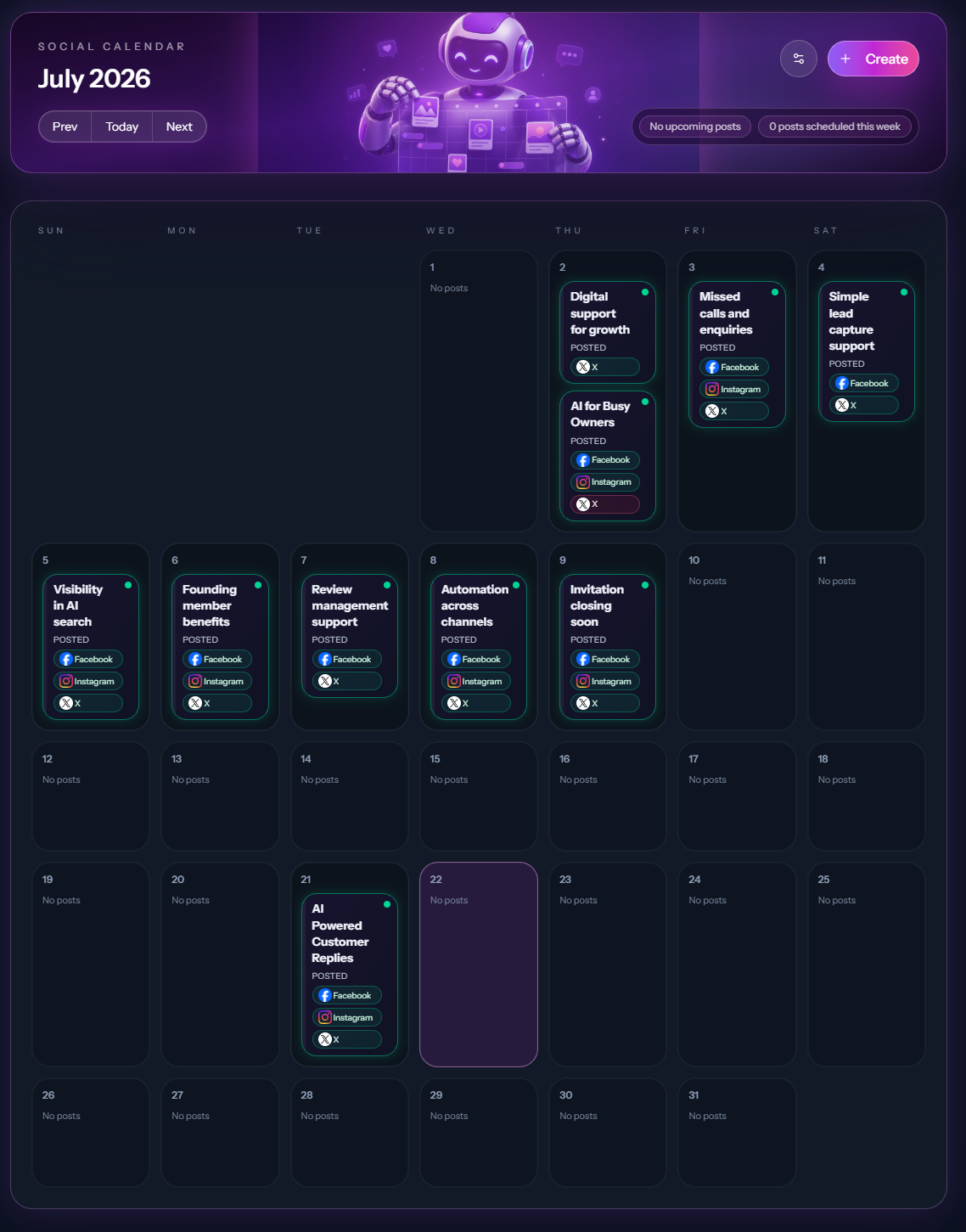 Zoe's social calendar showing scheduled Facebook, Instagram, and X posts